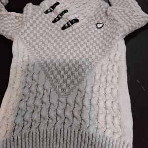 Leif Nelson men's grey cable-knit turtleneck sweater with buckle accents.  XXL